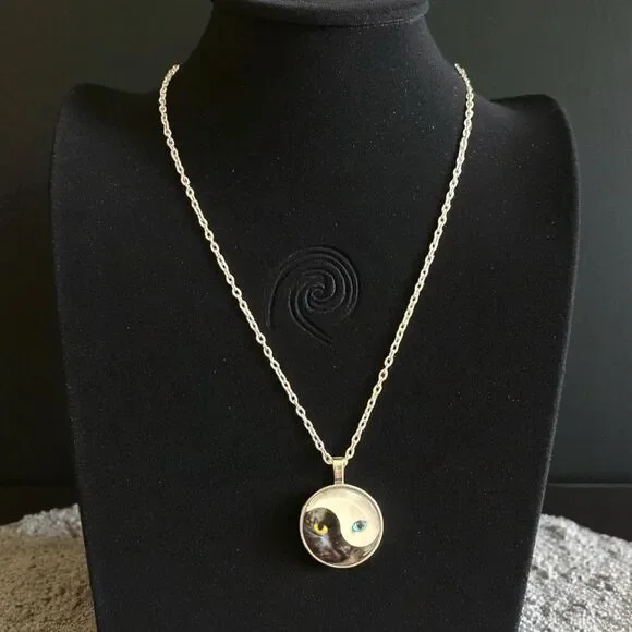 Yin Yang Cat Pendant Necklace – 20 Inches, Silver Tone Chain - Picture 1 of 7